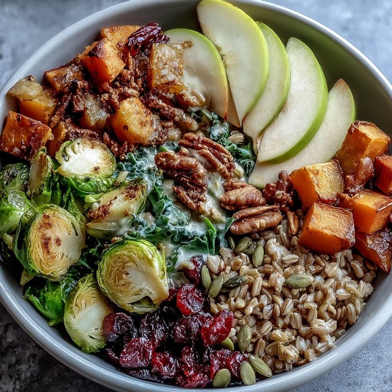 Warm roasted fall vegetables and crisp apples atop nutty grains, garnished with pumpkin seeds and dried cranberries.  