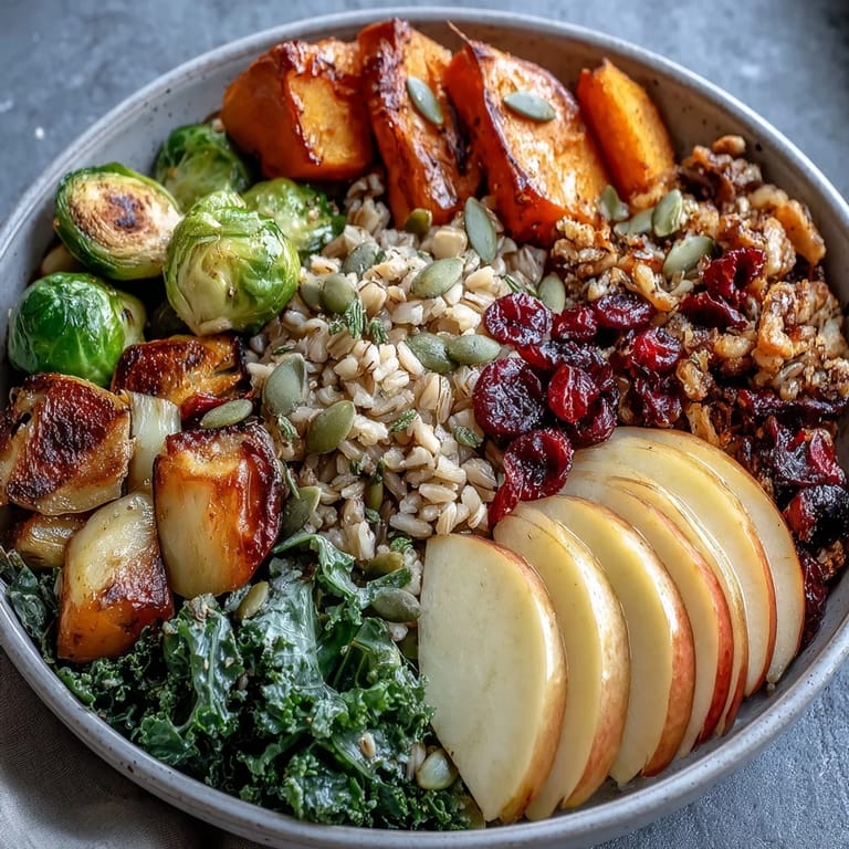 A nourishing vegetarian bowl of caramelized squash, tender kale, and spiced apples, perfect for a cozy autumn meal.