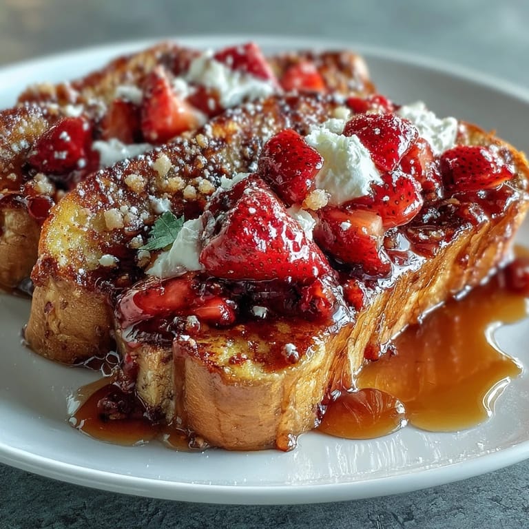Fresh strawberries nestled in creamy vanilla-soaked brioche, baked to golden perfection and dusted with powdered sugar for a festive brunch treat.