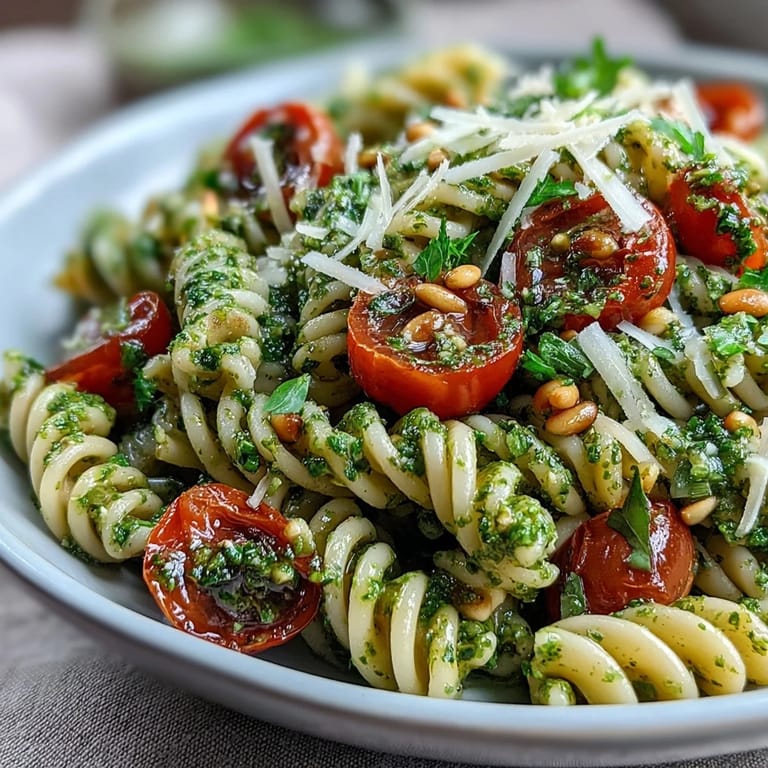 A vibrant summer pasta salad featuring al dente fusilli, fresh basil pesto, juicy cherry tomatoes, and baby arugula on a wooden table.