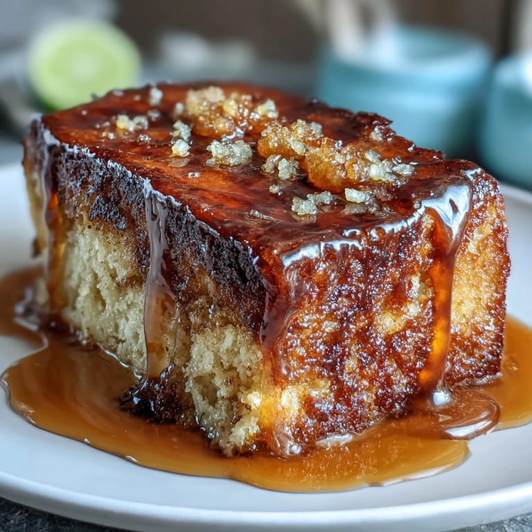 Elegant slice of dandelion honey cake, bright lemon glaze dripping down the sides, served on a floral plate.  