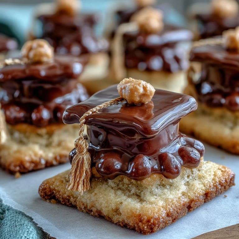 Adorable graduation-themed sugar cookies, each topped with glossy black royal icing and a mini yellow candy tassel, ideal for party desserts.