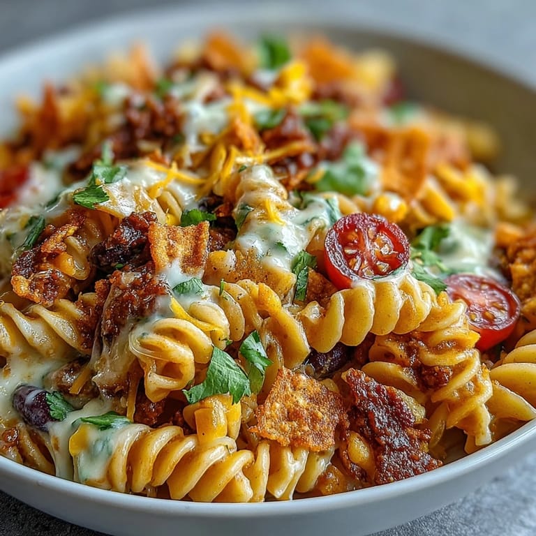 Hearty Taco Pasta Salad with Doritos and Avocado Ranch, loaded with vegetables, cheese, and a zesty lime-avocado dressing.