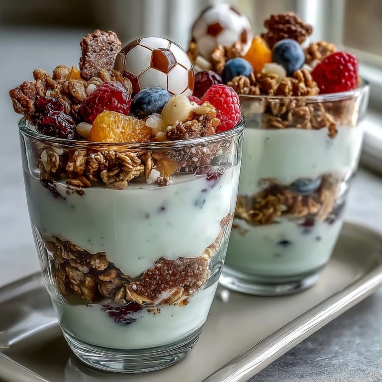 Bright and colorful Soccer Team Snack Cups with Fruit and Granola, featuring strawberries, blueberries, grapes, and vanilla yogurt in individual servings for game day fun.