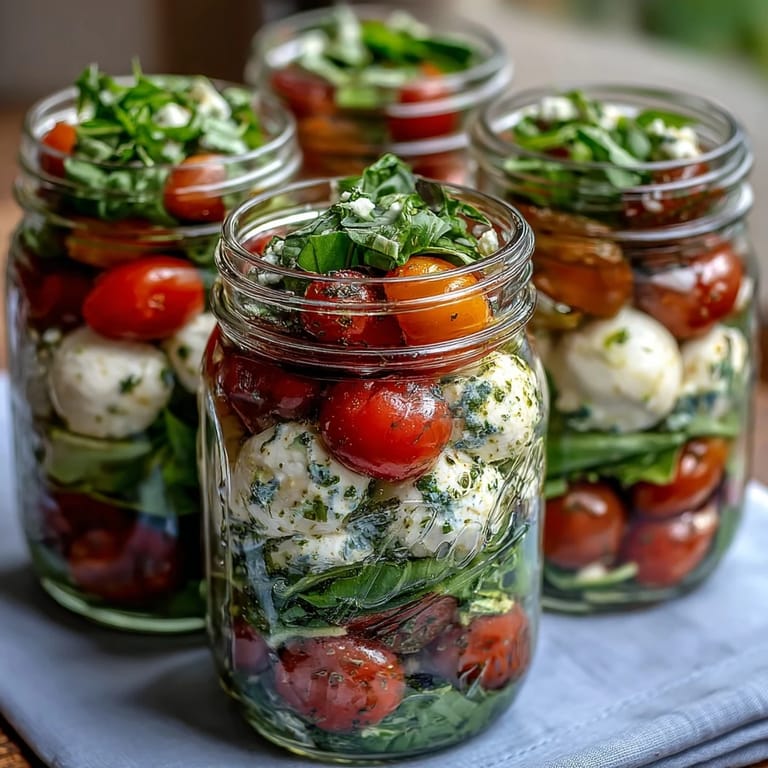 Layered Mason Jar Caprese Salad featuring fresh mozzarella, cherry tomatoes, and basil in a balsamic dressing.
