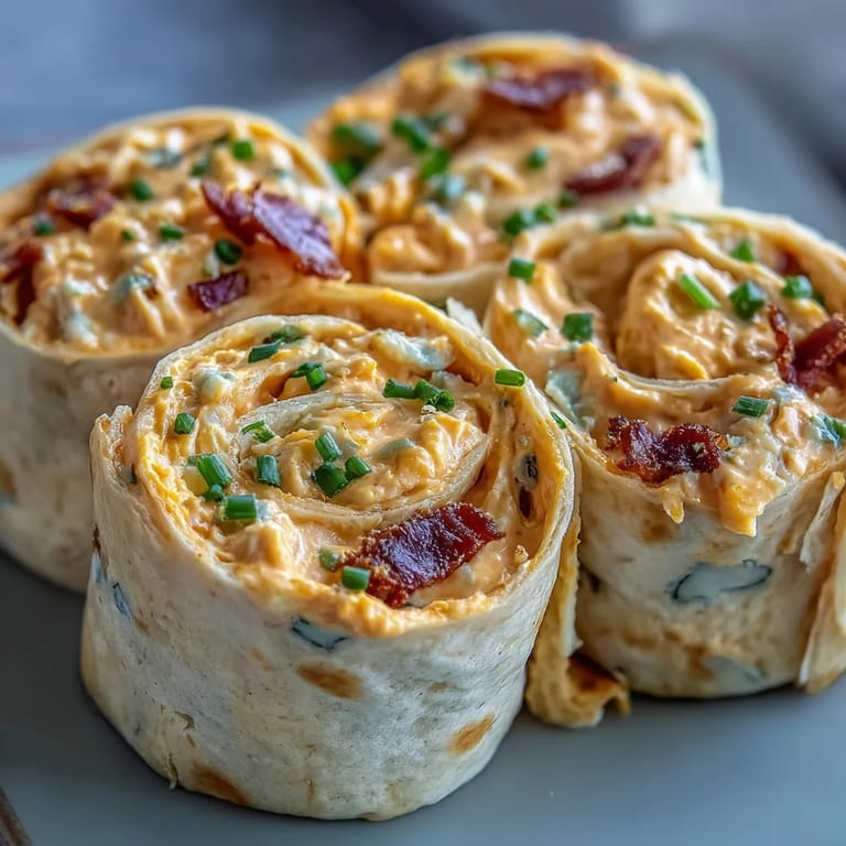 Creamy Buffalo chicken mixture rolled into soft tortillas and sliced into colorful party pinwheels.  