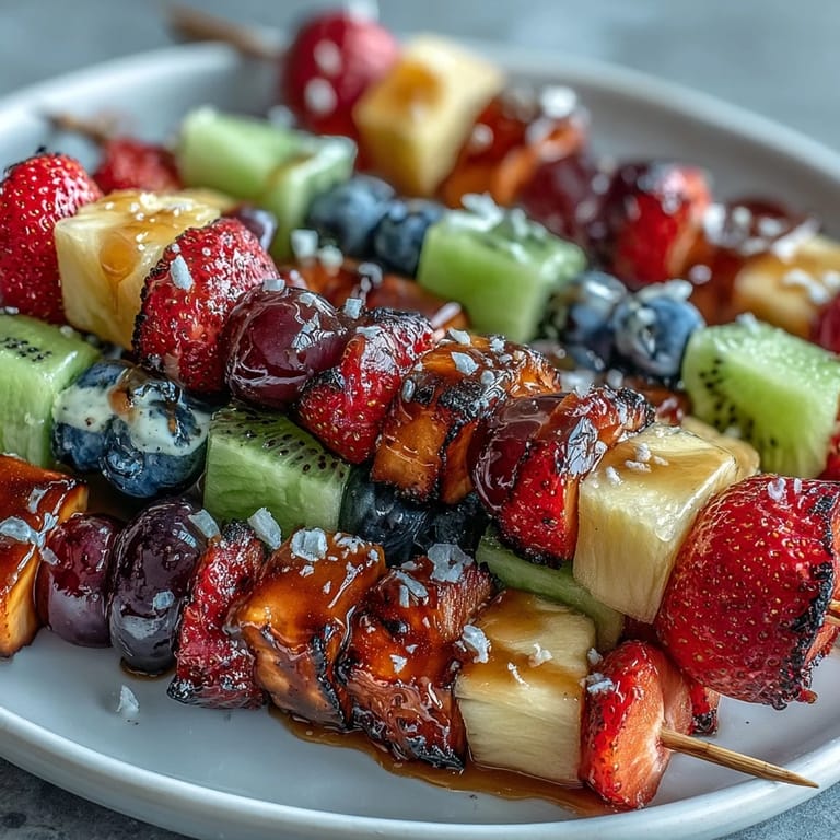 Colorful fruit kabobs arranged in rainbow order, paired with a luscious honey-lemon yogurt dip—perfect for healthy snacking or party platters.