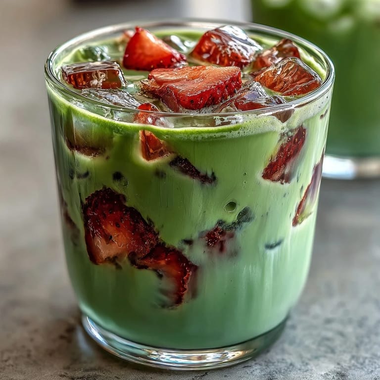 Refreshing Strawberry Matcha Latte with Oat Milk, layered with bright red strawberry puree, chilled oat milk, and smooth matcha, perfect for a vegan summer drink.