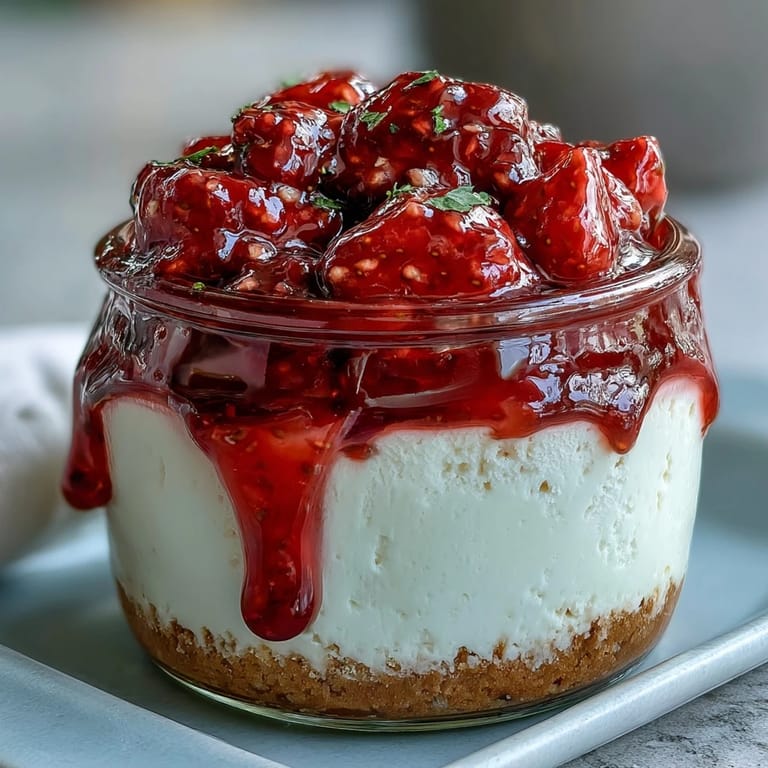 Chilled strawberry cheesecake jars with buttery biscuit base, whipped cream cheese, and juicy strawberry compote for easy serving.