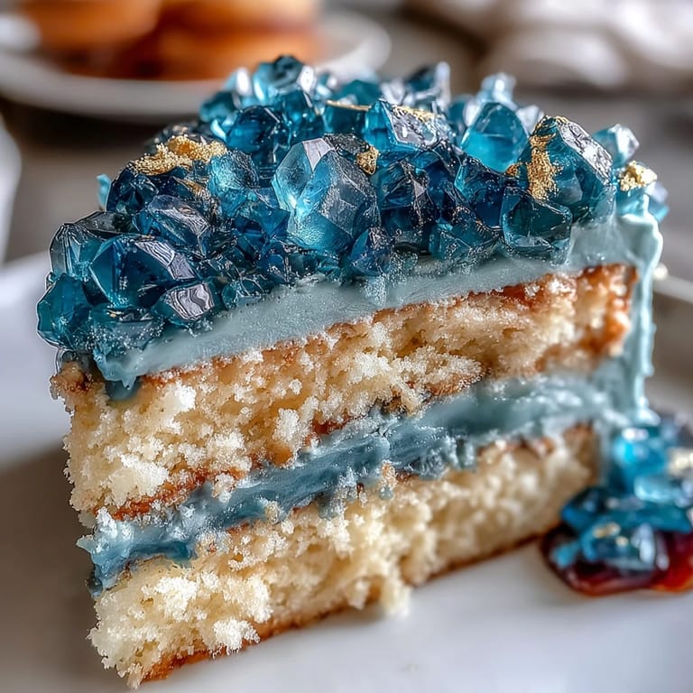 A stunning teal and gold geode graduation cake featuring a carved slice and sparkling sugar crystals.