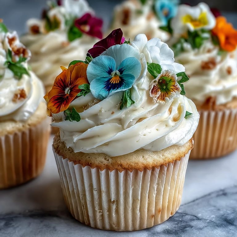 Beautiful vanilla cupcakes decorated with colorful edible flowers, ideal for springtime celebrations and festive gatherings.