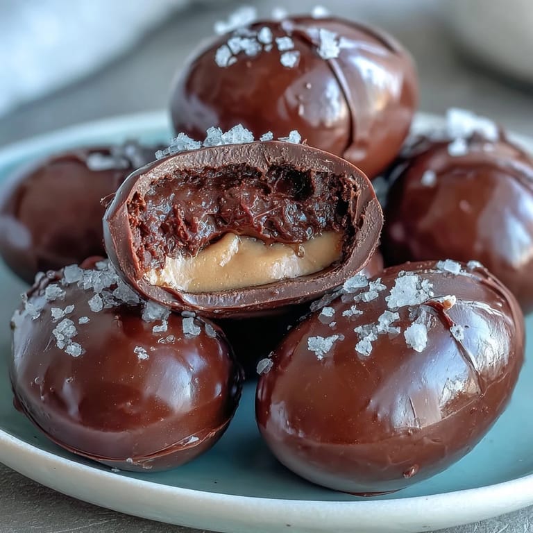 Homemade dark chocolate peanut butter eggs dusted with flaky sea salt, offering a rich and indulgent Easter treat.