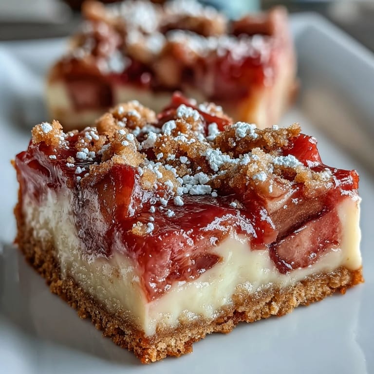 Delicious Rhubarb Custard Bars featuring a sweet tangy rhubarb layer, baked golden.