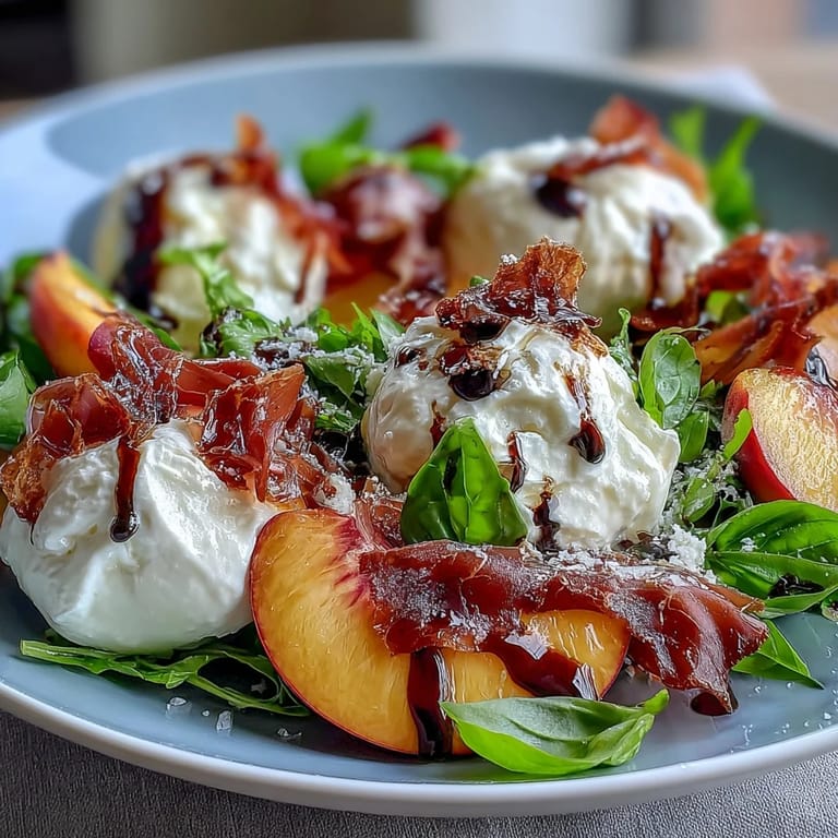 Juicy peach and burrata salad, adorned with prosciutto and fresh basil.