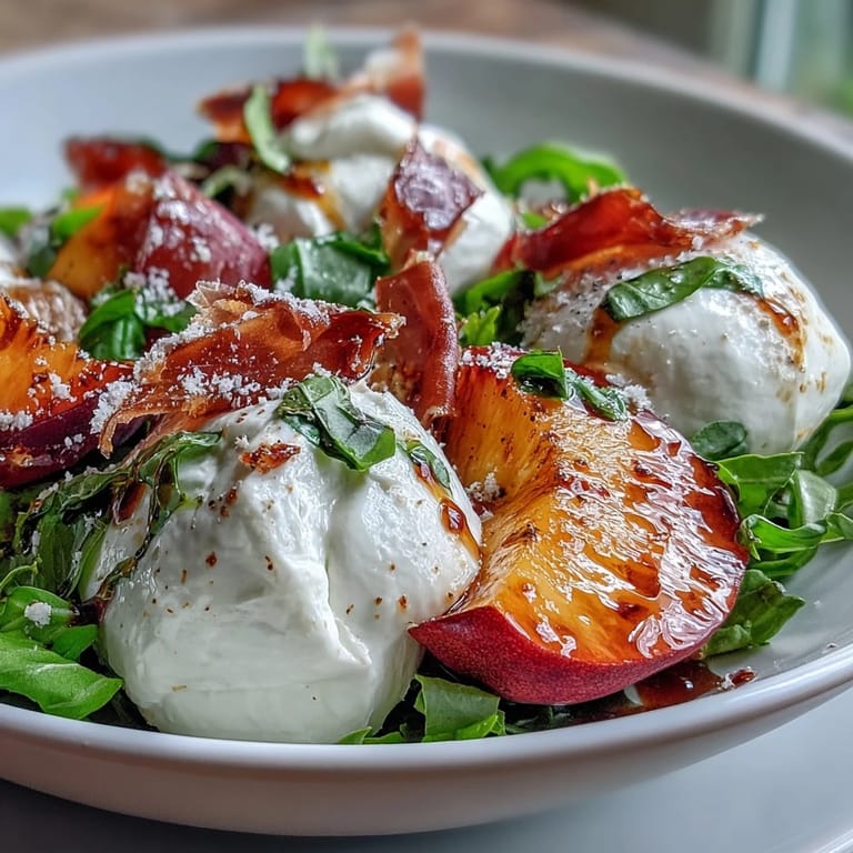 Vibrant summer salad featuring burrata, ripe peaches, and salty prosciutto.