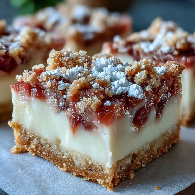 Creamy Rhubarb Custard Bars, a tempting slice of springtime dessert perfection.