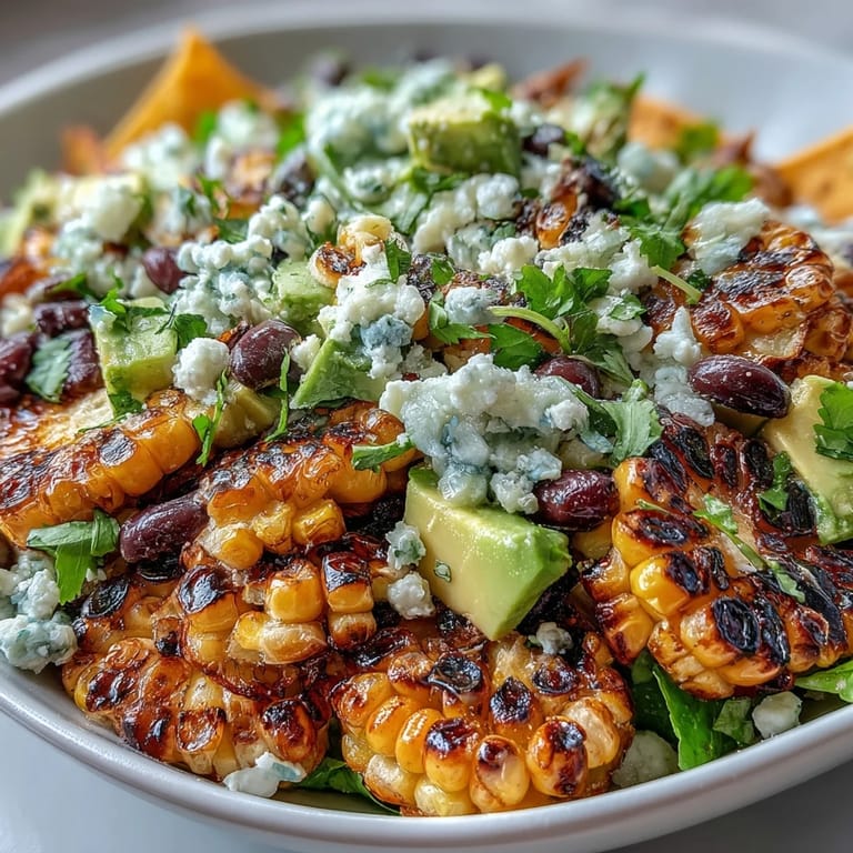 Delectable grilled corn and black bean taco salad piled high with crunchy toppings.