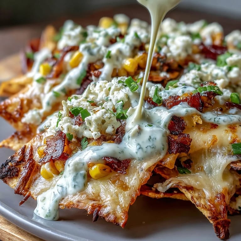Vibrant Elote Nachos featuring charred corn, melted cheese, and a drizzle of smoky crema.