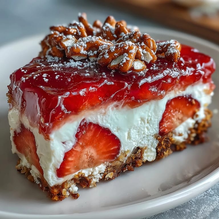 Sweet and salty Memorial Day Strawberry Pretzel Salad dessert, perfect for a summer picnic.