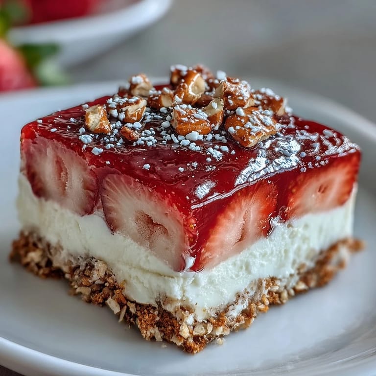 A vibrant slice of Memorial Day Strawberry Pretzel Salad awaits, a festive treat.