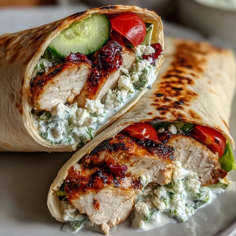 Fresh Tzatziki Chicken Wraps ready to enjoy with bright veggies and feta.