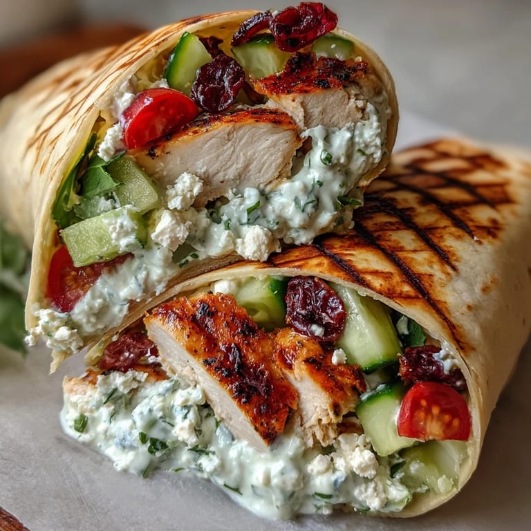 Mediterranean Tzatziki Chicken Wraps piled high with grilled chicken and crisp cucumber.