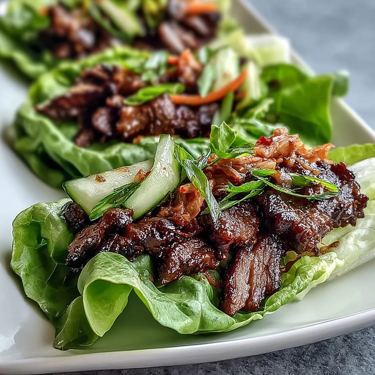 Beautifully grilled Korean BBQ beef filling plump lettuce cups with a spicy kimchi topping.