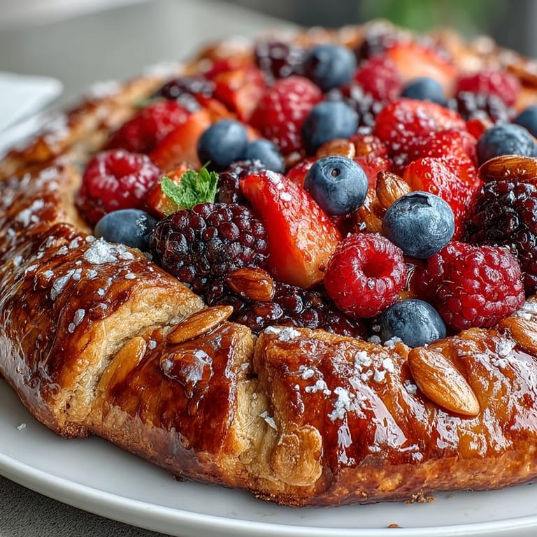 A delightful Almond Crust galette brimming with colorful, juicy mixed berries.