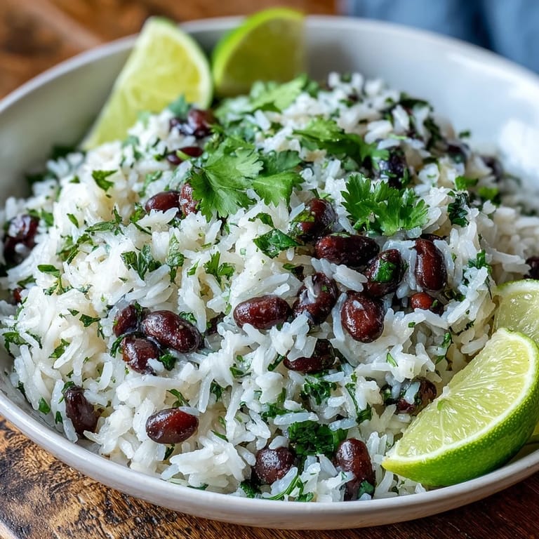 Savory homemade coconut lime rice, studded with tender black beans and herbs.