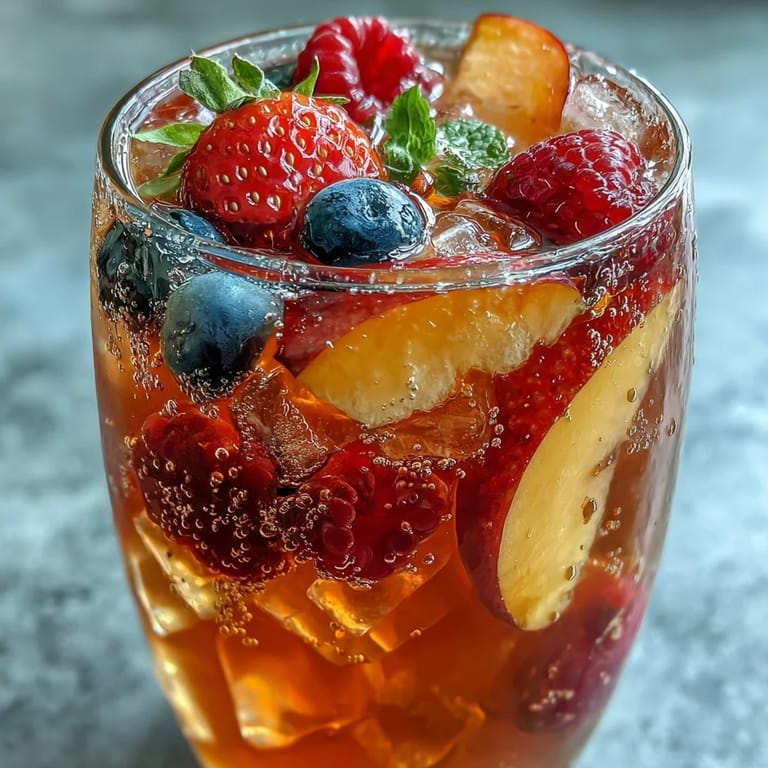 Refreshing peach berry sangria mocktail poured over ice in a glass.