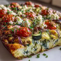 Golden-brown, fluffy sheet pan eggs studded with red peppers, spinach, and tomatoes, garnished with fresh chives on a rustic board.  