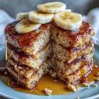 Fluffy Banana Oat Pancakes stacked high, drizzled with maple syrup and topped with fresh banana slices.
