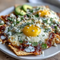 A plate of chilaquiles topped with a sunny-side-up egg, avocado slices, and crumbled queso fresco on a rustic table.  