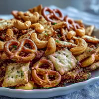 Golden-brown Everything Ranch Cheese and Pretzel Snack Mix glistening with melted butter, served in a rustic ceramic bowl for a party.