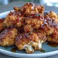 Crispy baked Crunchy Baked Hot Honey Cauliflower florets are glazed and piled on a plate, ready to serve as a spicy-sweet appetizer.