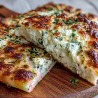 Fluffy Cottage Cheese Flatbread cooling on a wire rack, golden brown with visible herbs.