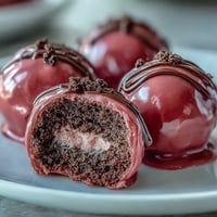 Glossy pink Oreo Truffle Balls lined on parchment, featuring a crunchy candy shell and a creamy Oreo center.