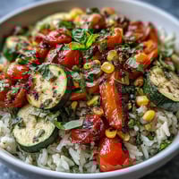 A close-up of the Summer Vegetable Bowl, showcasing sautéed zucchini, juicy tomatoes, and bright bell peppers on fluffy rice garnished with fresh basil.