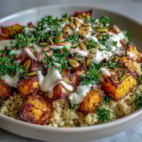 Colorful roasted root vegetable bowl with caramelized carrots, beets, turnips, and parsnips over quinoa, drizzled with creamy tahini sauce and garnished with fresh parsley and toasted seeds.