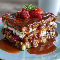 A golden-baked French toast casserole with juicy strawberries, vanilla custard, and a cinnamon crumb topping, perfect for spring brunch.