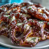 Festive St. Patrick's Day Shamrock Pretzel Bites with white chocolate drizzle and green sprinkles for a sweet-salty treat.