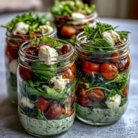 Mason Jar Caprese Salad with cherry tomatoes, mozzarella, and basil in a portable, layered presentation.