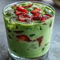 Strawberry Matcha Latte with Oat Milk in two tall glasses, vibrant pink strawberry puree topped with creamy oat milk and earthy green matcha, served with ice cubes.