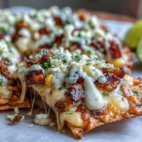 Loaded Cinco de Mayo Elote Nachos with chipotle crema, piled high with corn and cheese.