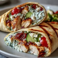 Tzatziki Chicken Wraps: Juicy chicken, creamy tzatziki, feta in soft flatbread.
