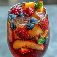 Bright summer sangria mocktail with colorful berries and juicy peach slices.